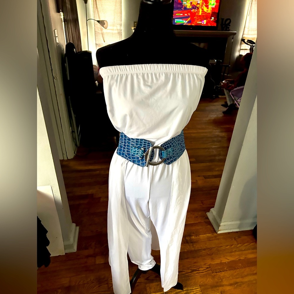 All white jumpsuit with sheer skirt attached